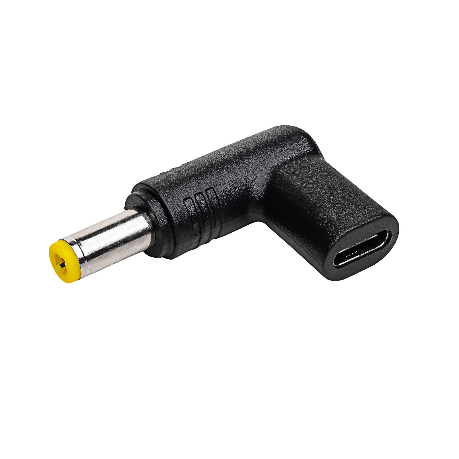 Adattatore nero con punta argentata e anello giallo, angolato. Sfondo bianco.