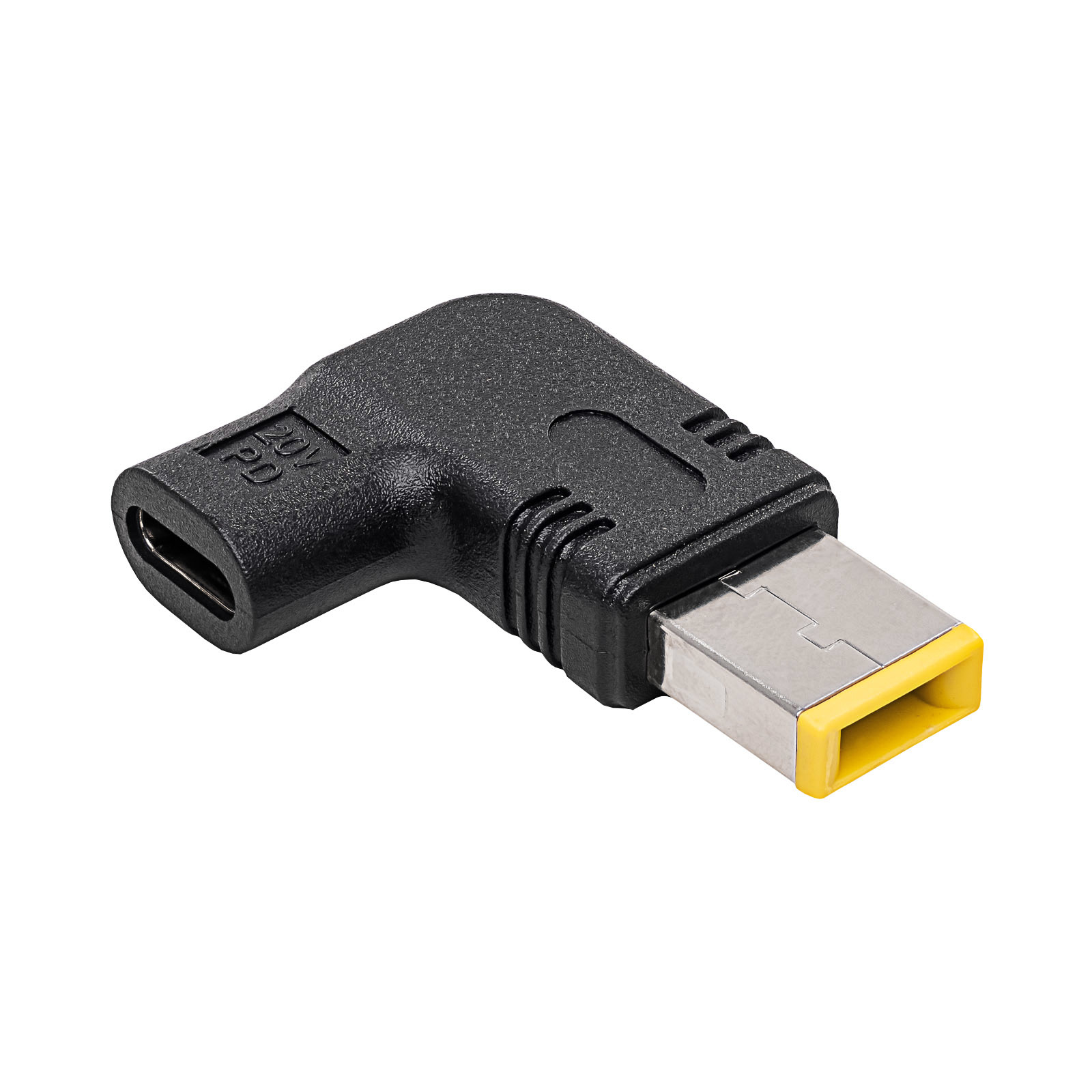 Adattatore nero con connettore a punta gialla, angolato, 20V PD. Sfondo bianco.
