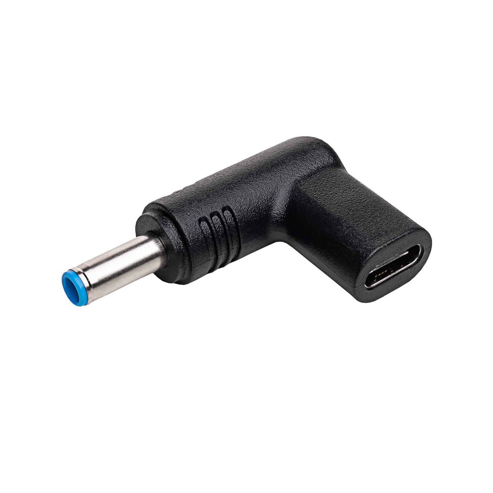 Adattatore nero con connettore a punta blu e porta USB-C.