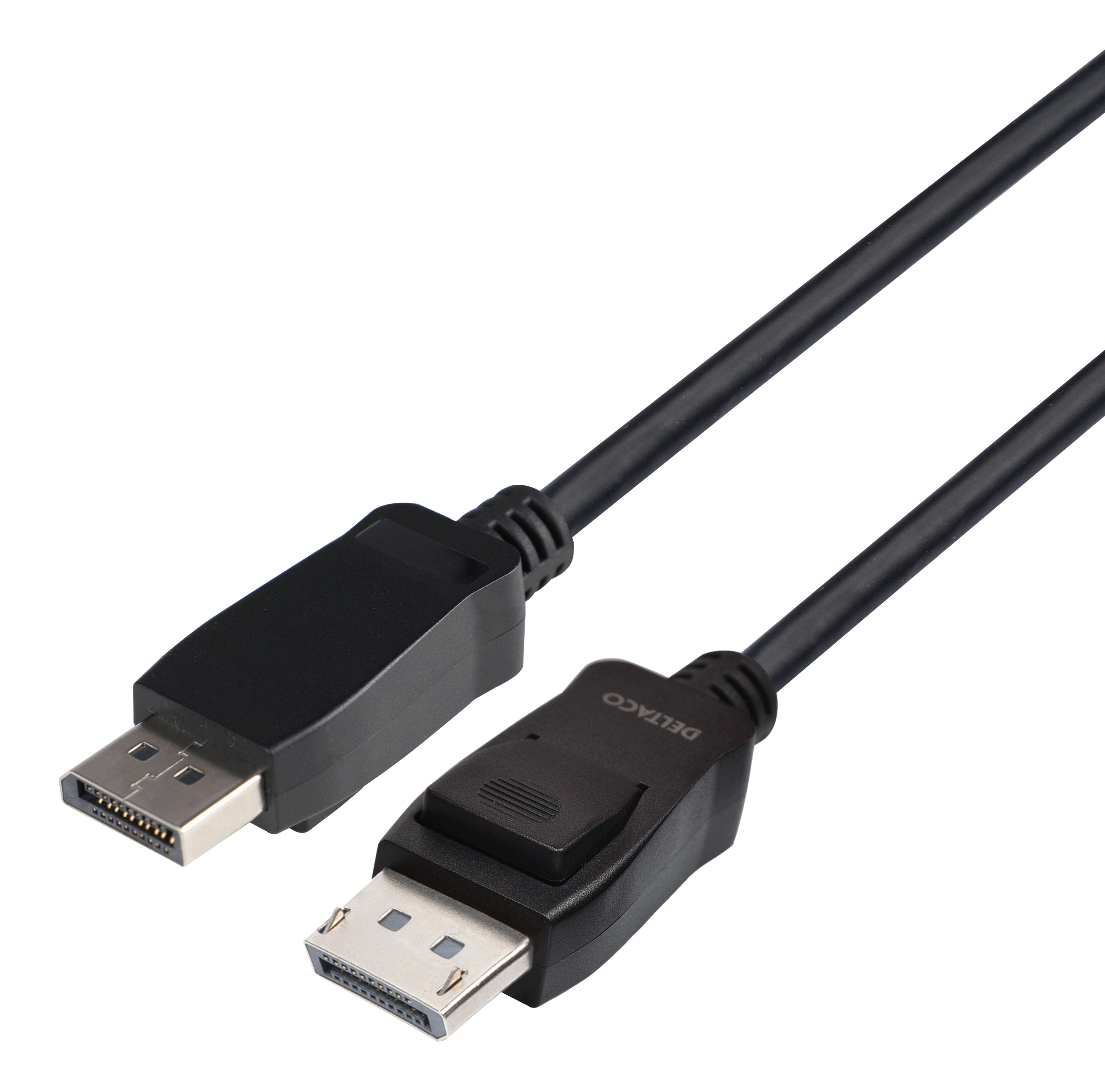 Cavo DisplayPort nero con connettori a entrambe le estremità, sfondo bianco.