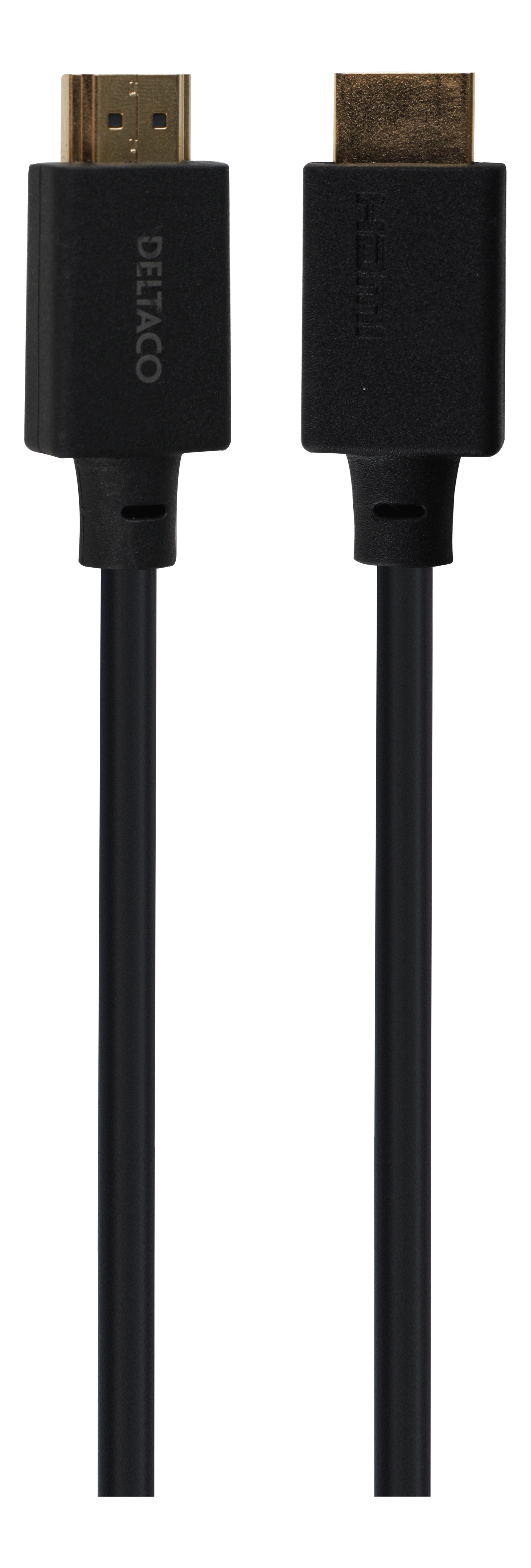 Due cavi HDMI neri con connettori dorati su sfondo bianco.