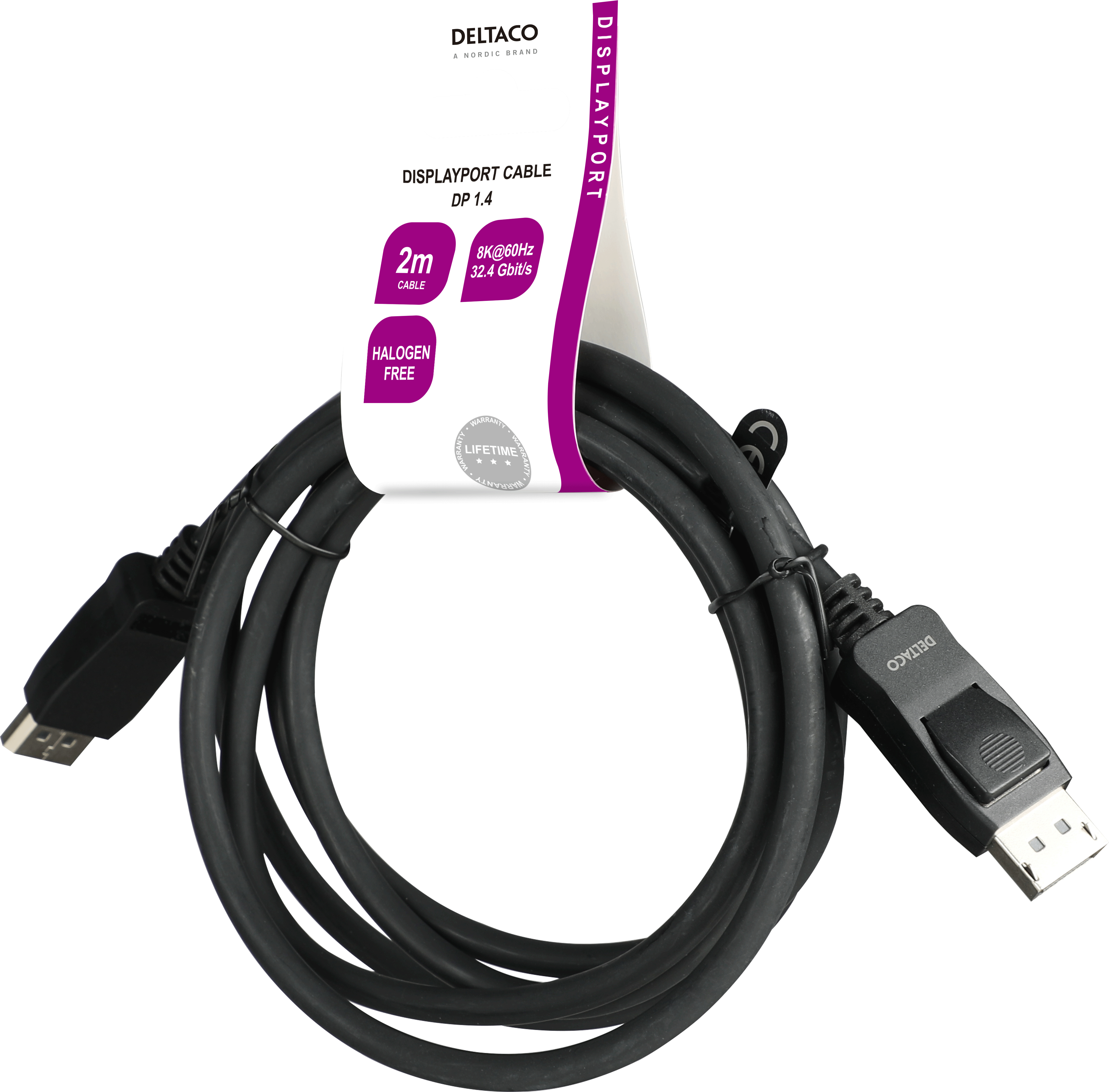 Un cavo DisplayPort nero, con etichetta bianca, su sfondo bianco.