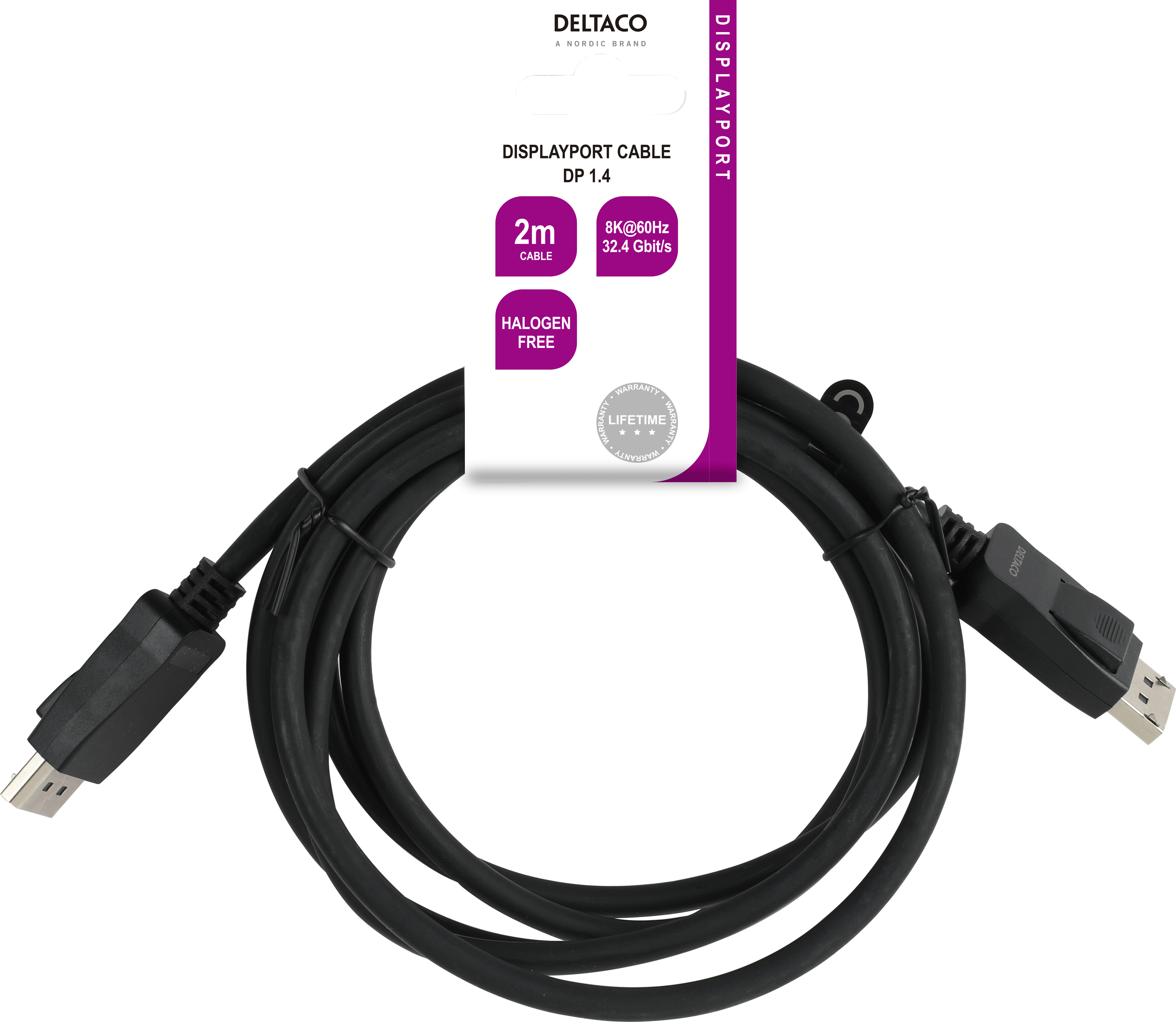 Cavo DisplayPort nero con etichetta bianca, su sfondo bianco.