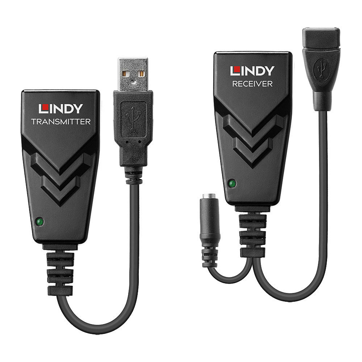 Due dispositivi Lindy neri, uno etichettato Trasmettitore, l'altro Ricevitore, con cavi USB.