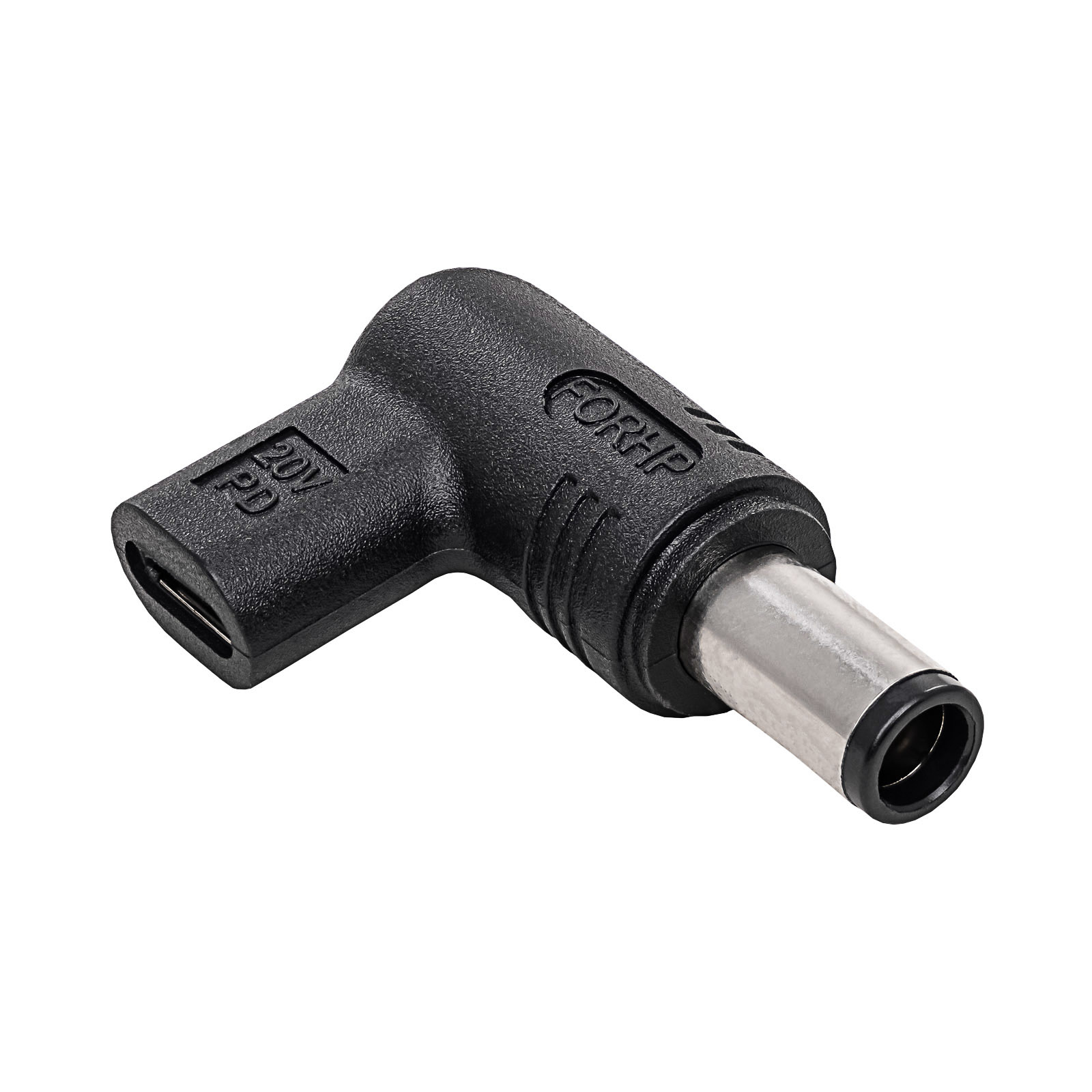 Adattatore nero con connettore USB-C e DC. Forma angolare.