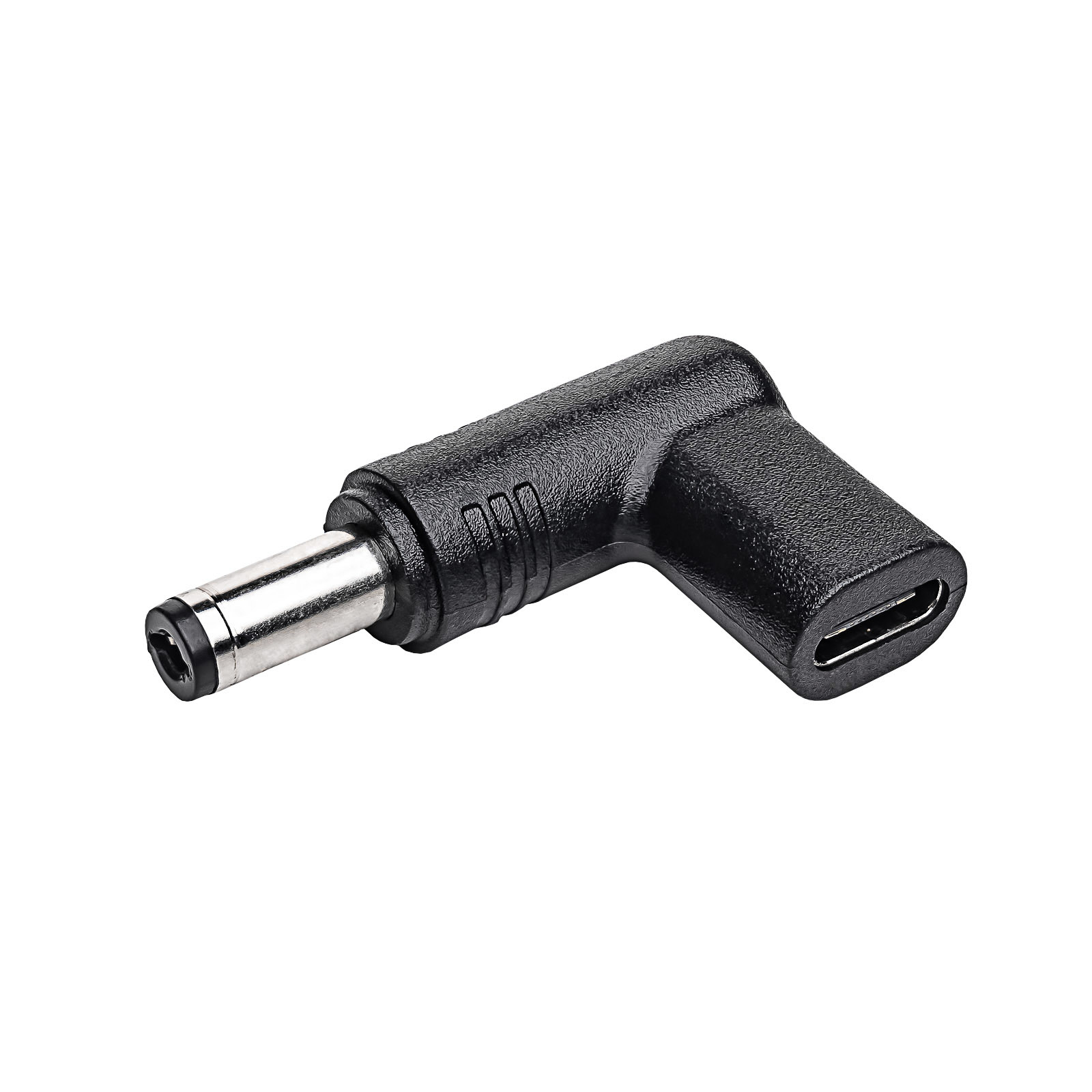 Adattatore nero con connettore USB-C e DC. Forma angolare.