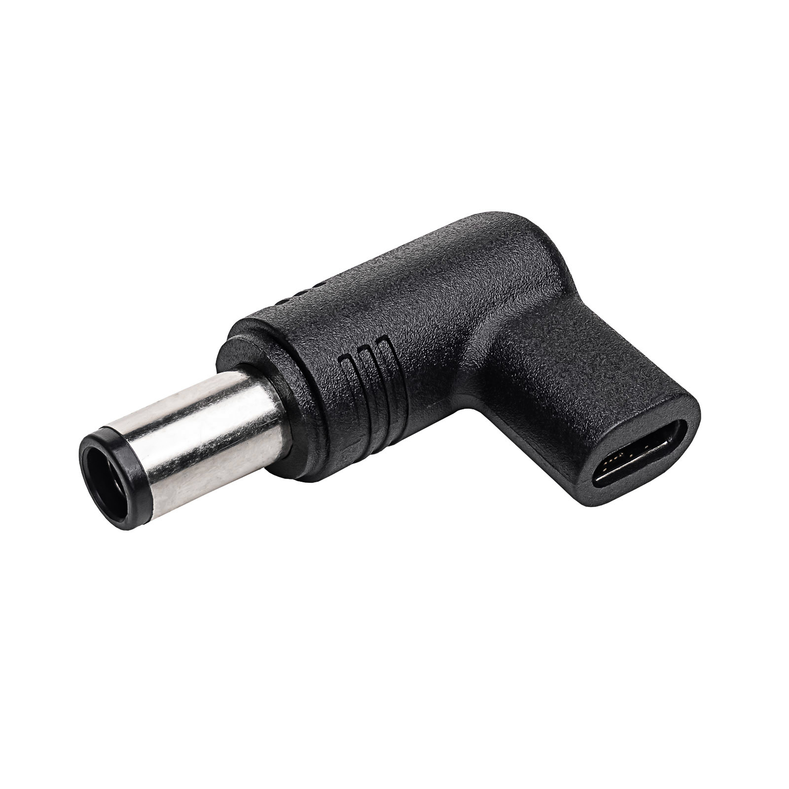 Adattatore nero con connettore USB-C e DC. Forma angolare.
