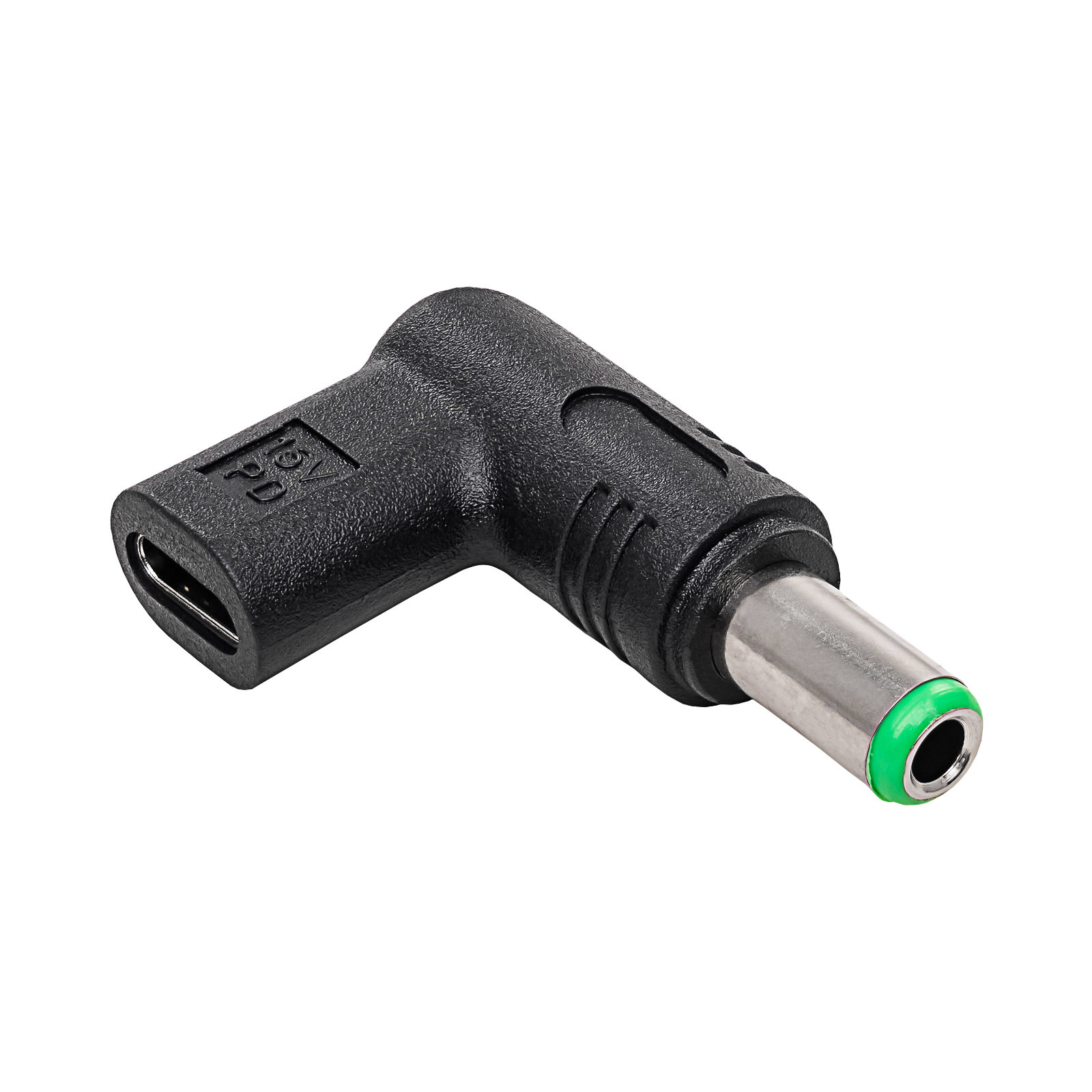 Adattatore di alimentazione USB-C a CC nero, vista angolata, sfondo bianco.