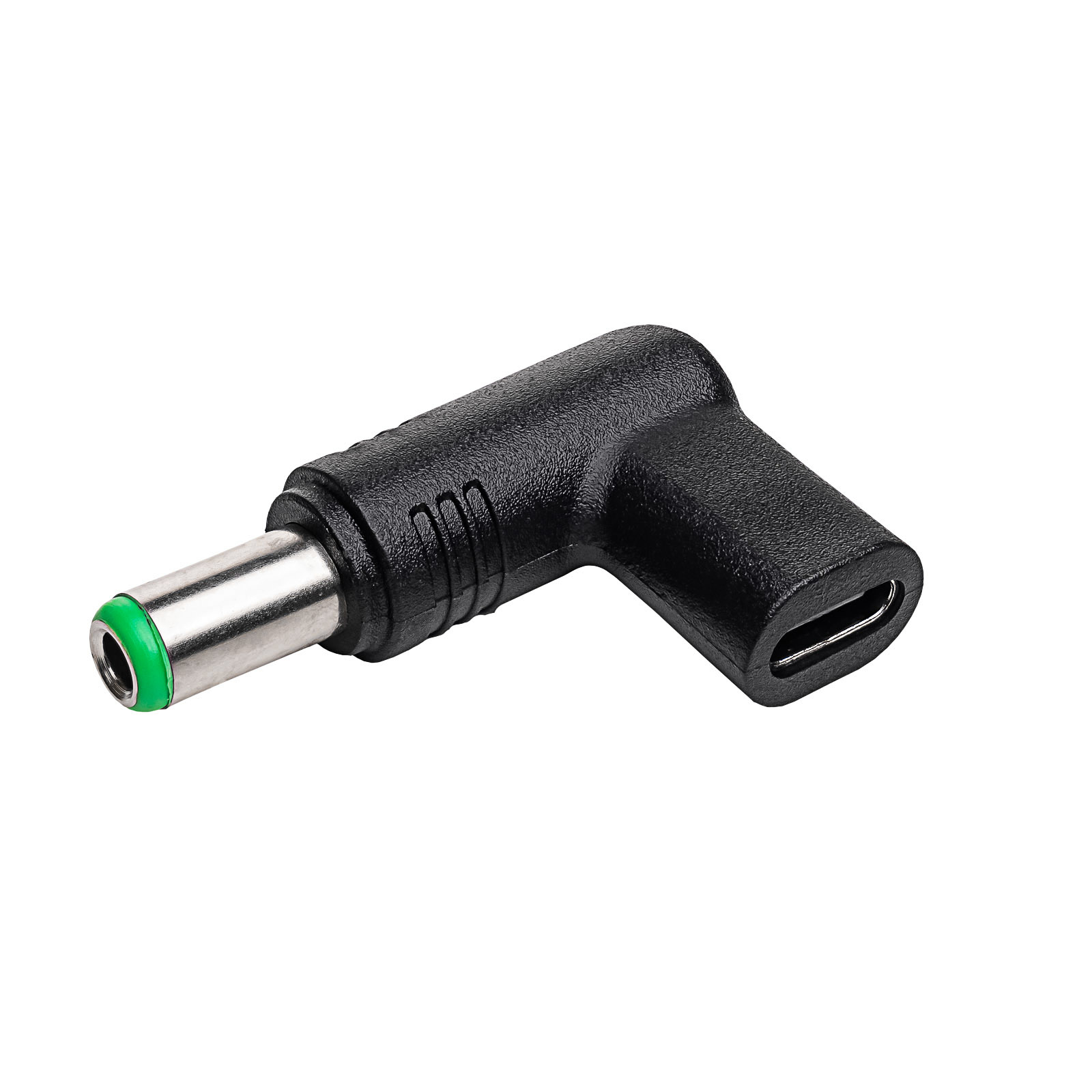 Adattatore nero con connettore a punta verde e porta USB-C.