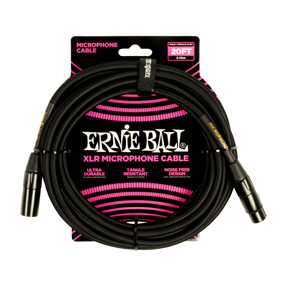 Cavo microfonico nero, arrotolato. Confezione nera e rosa, marchio 'Ernie Ball'.