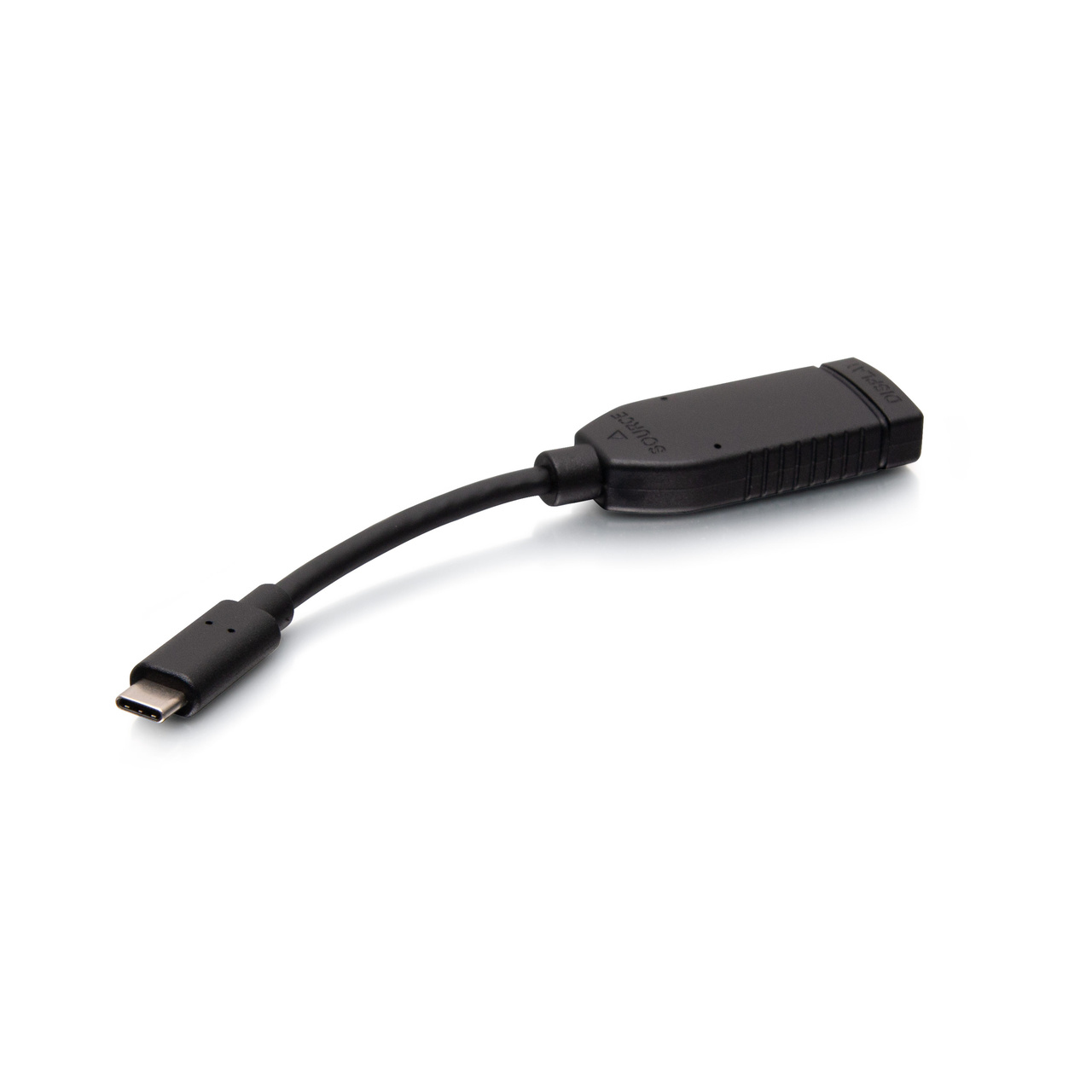 Adattatore nero con connettore USB-C e cavo che conduce a un connettore nero più grande, sfondo bianco.