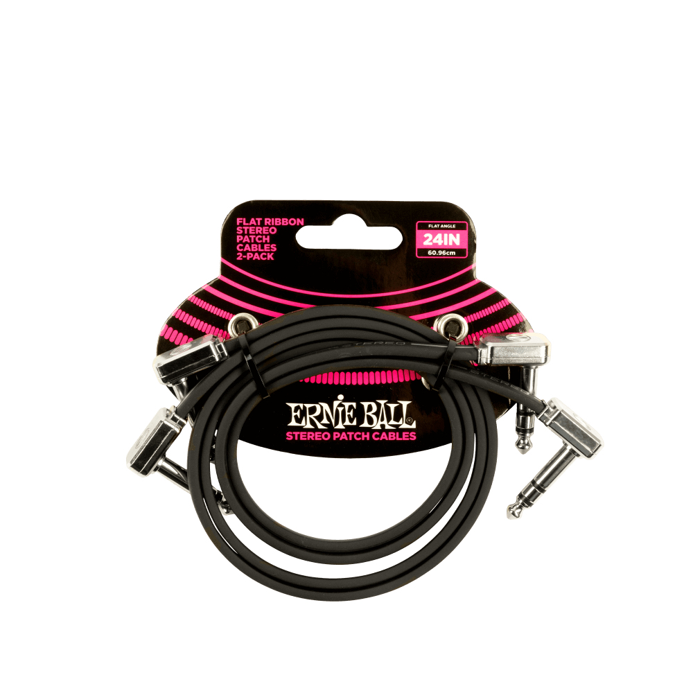 Cavi patch Ernie Ball neri in confezione da 2, con confezione. Sfondo bianco.