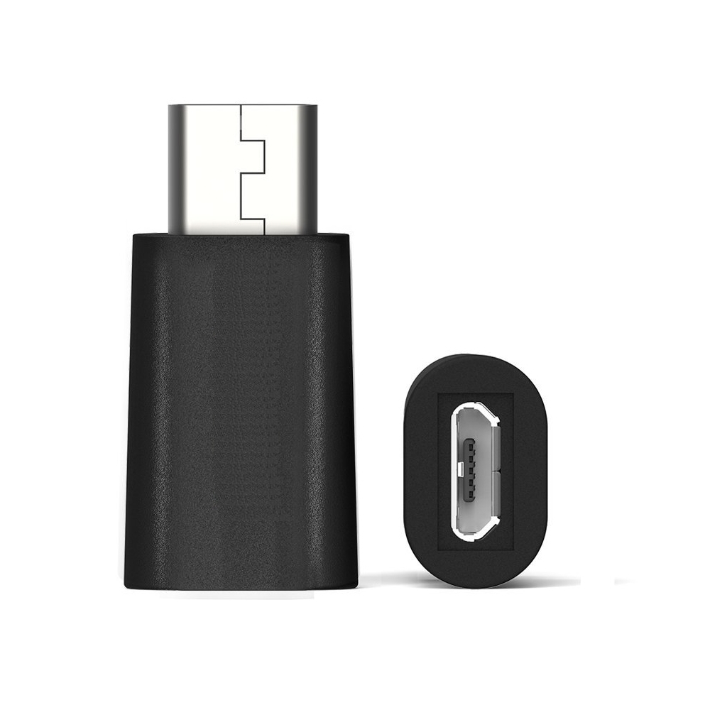 Adattatore USB-C nero su sfondo bianco. Mostra vista dall'alto e laterale.