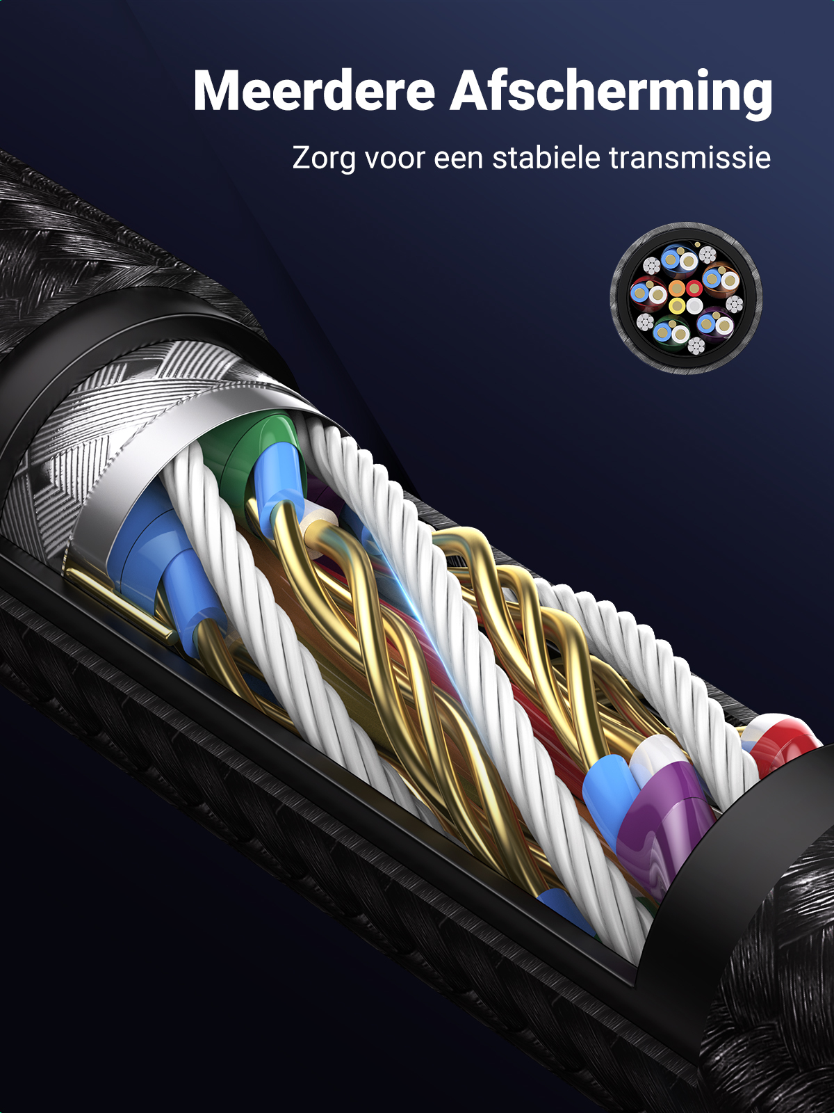 Zbliżenie kabla DisplayPort z widocznymi wieloma przewodami, czarne tło.