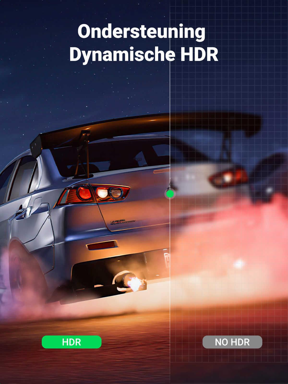 Samochód na drodze, z porównaniem HDR i bez HDR na ekranie. Scena nocna.