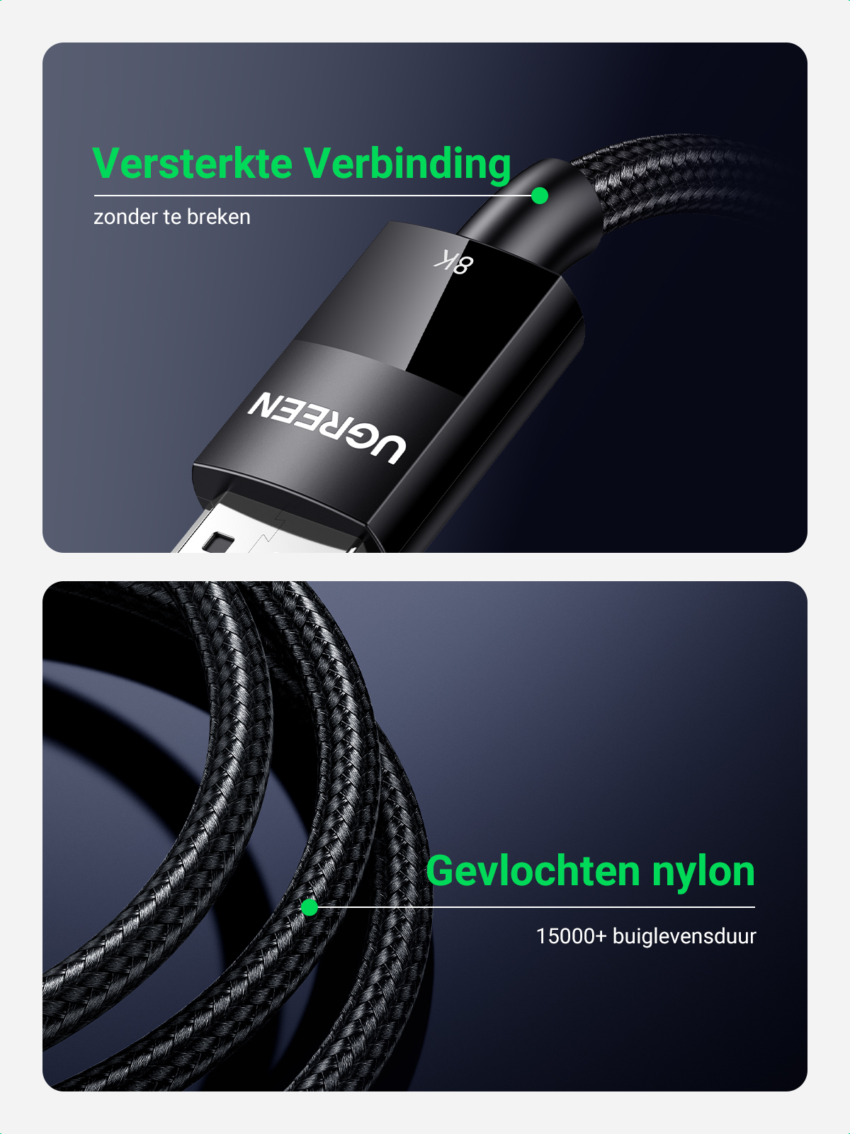 Zbliżenie czarnego kabla USB z marką UGREEN. Tekst na górze: 'Versterkte Verbinding'.