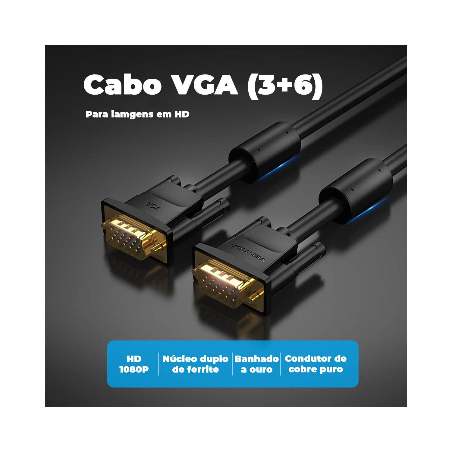 Due cavi VGA neri con caselle di testo che descrivono le funzionalità HD, con connettori dorati.