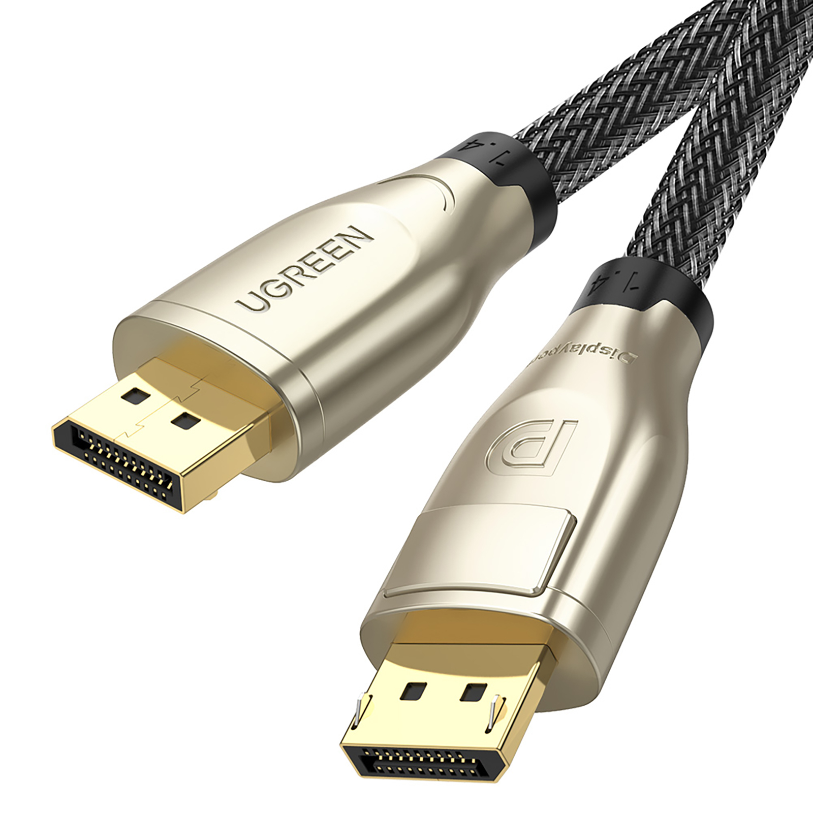 İki DisplayPort kablosu, altın konektörler, siyah ve gri örgülü kablolar, beyaz arka plan, UGREEN markası.