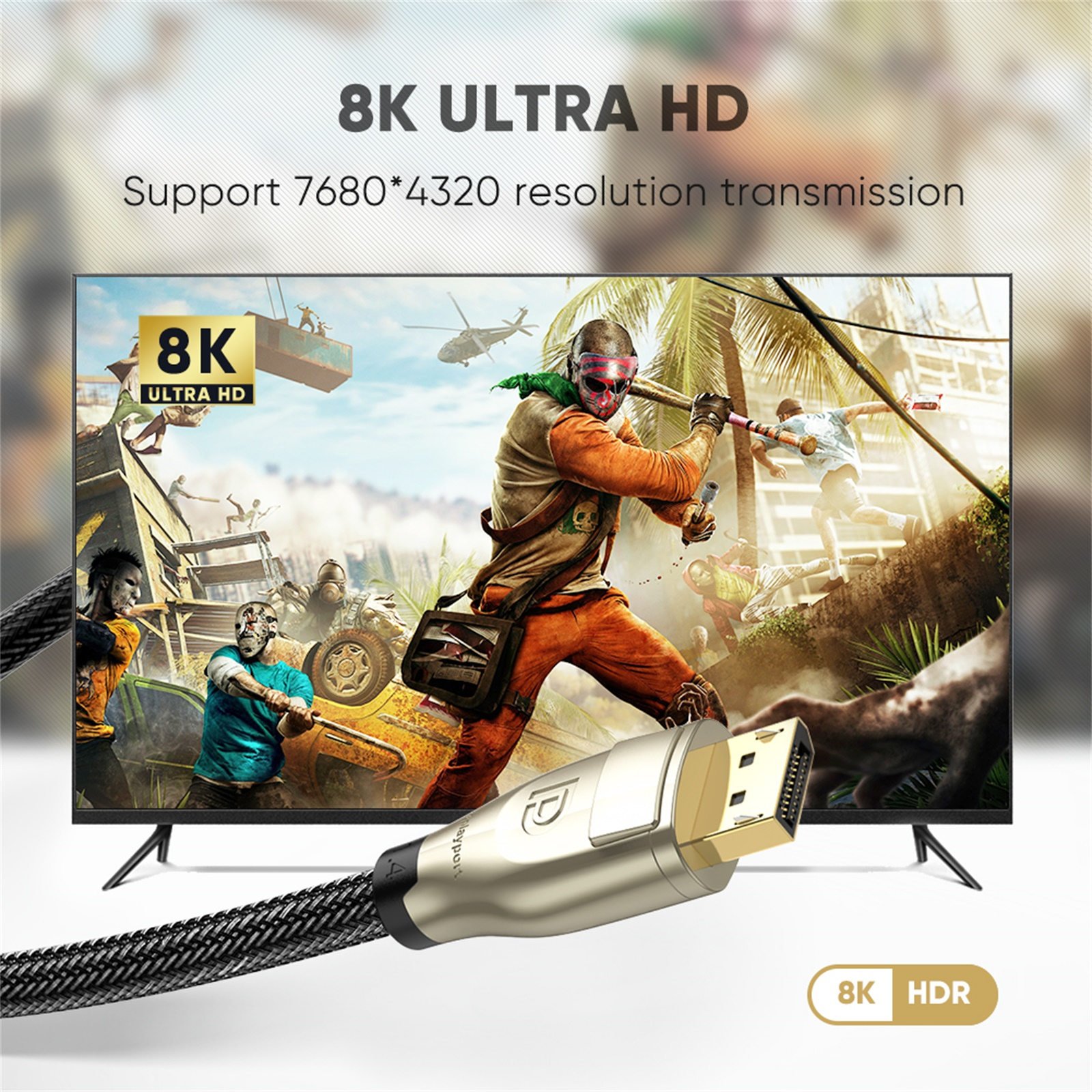 8K Ultra HD monitör ve DisplayPort kablosu, çözünürlük ve HDR yetenekleri hakkında metin katmanı ile.