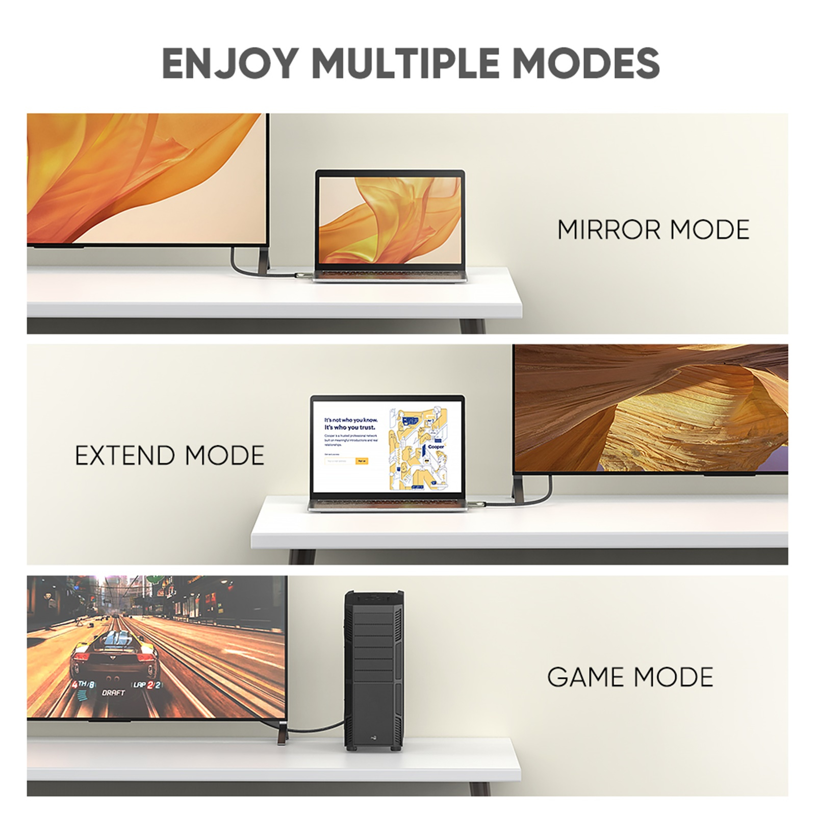 Ayna, genişletme ve oyun modlarını gösteren monitör ve bilgisayarların üç kurulumu.