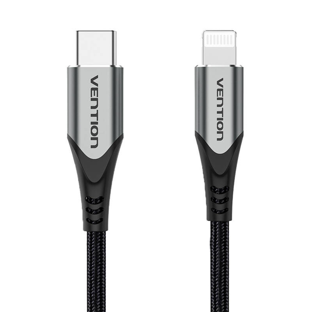 Due cavi Vention: USB-C a USB-C e Lightning a USB-A, cavi neri.