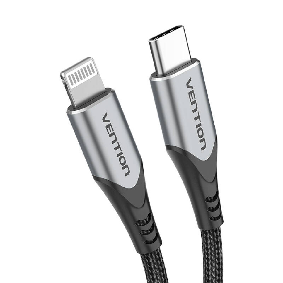 Cavo nero e grigio con connettori Lightning e USB-C. Marchio 'VENTION' su bianco.