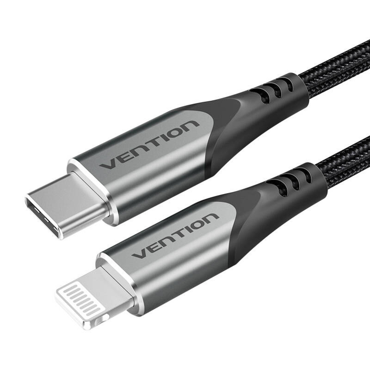 Cavo Vention nero e argento con connettori USB-C e Lightning. Sfondo bianco.