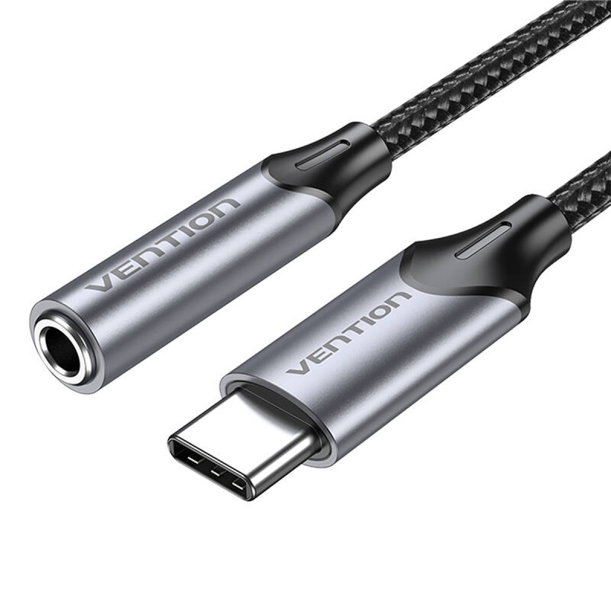Srebrno-czarny kabel audio Vention z USB-C i gniazdem 3,5 mm, na białym tle.