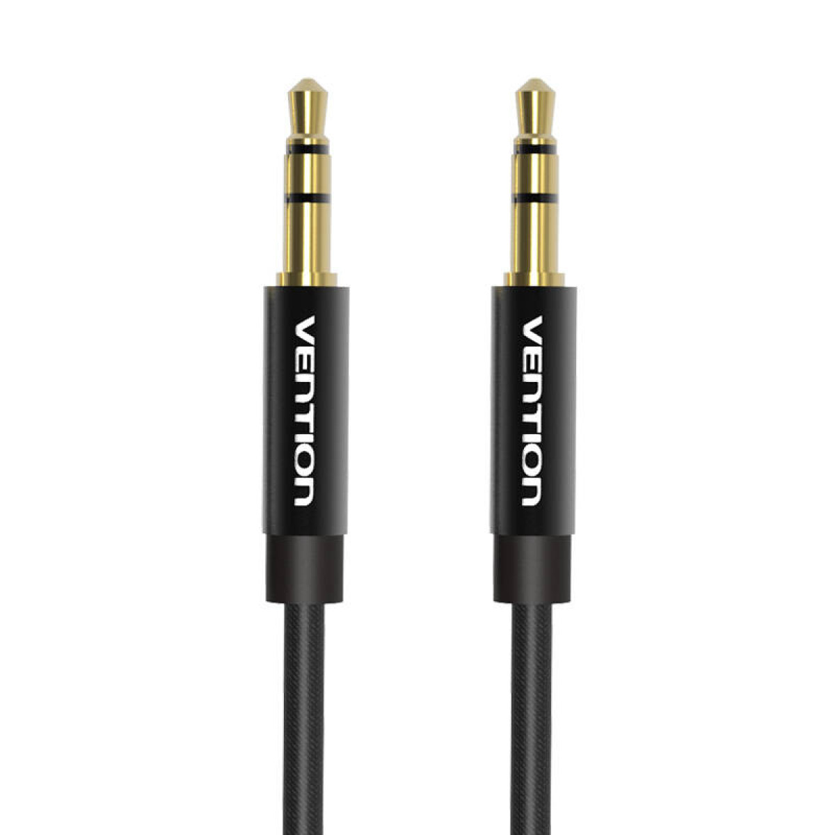 Dos cables de audio negros con conectores dorados, con la marca Vention en los conectores.