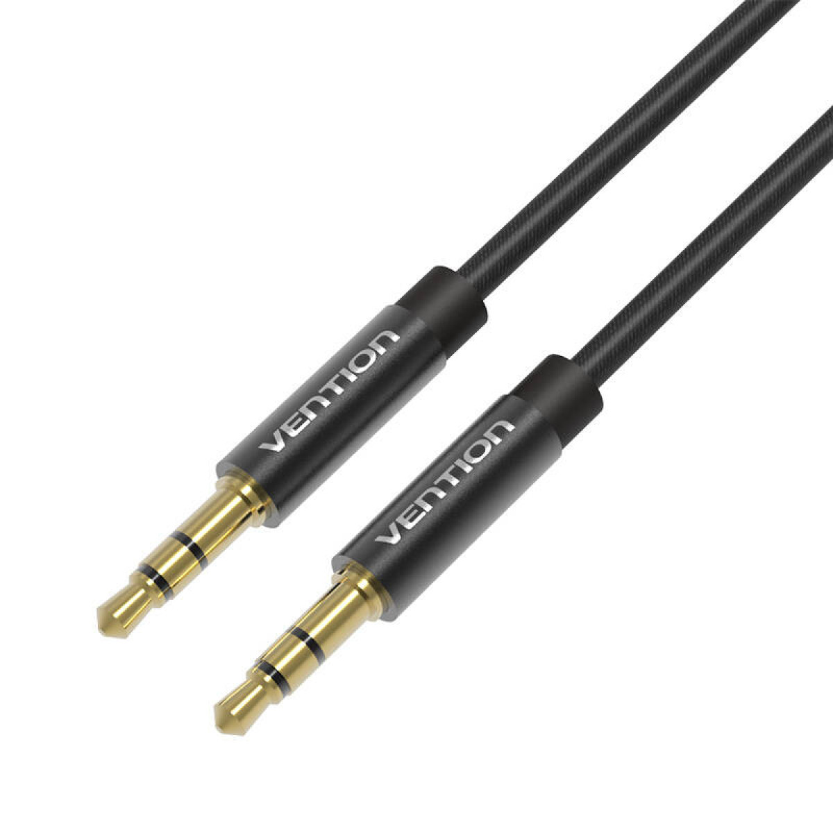 Dos cables de audio negros Vention. Jacks con punta dorada. Conectores negros y dorados. Fondo blanco.