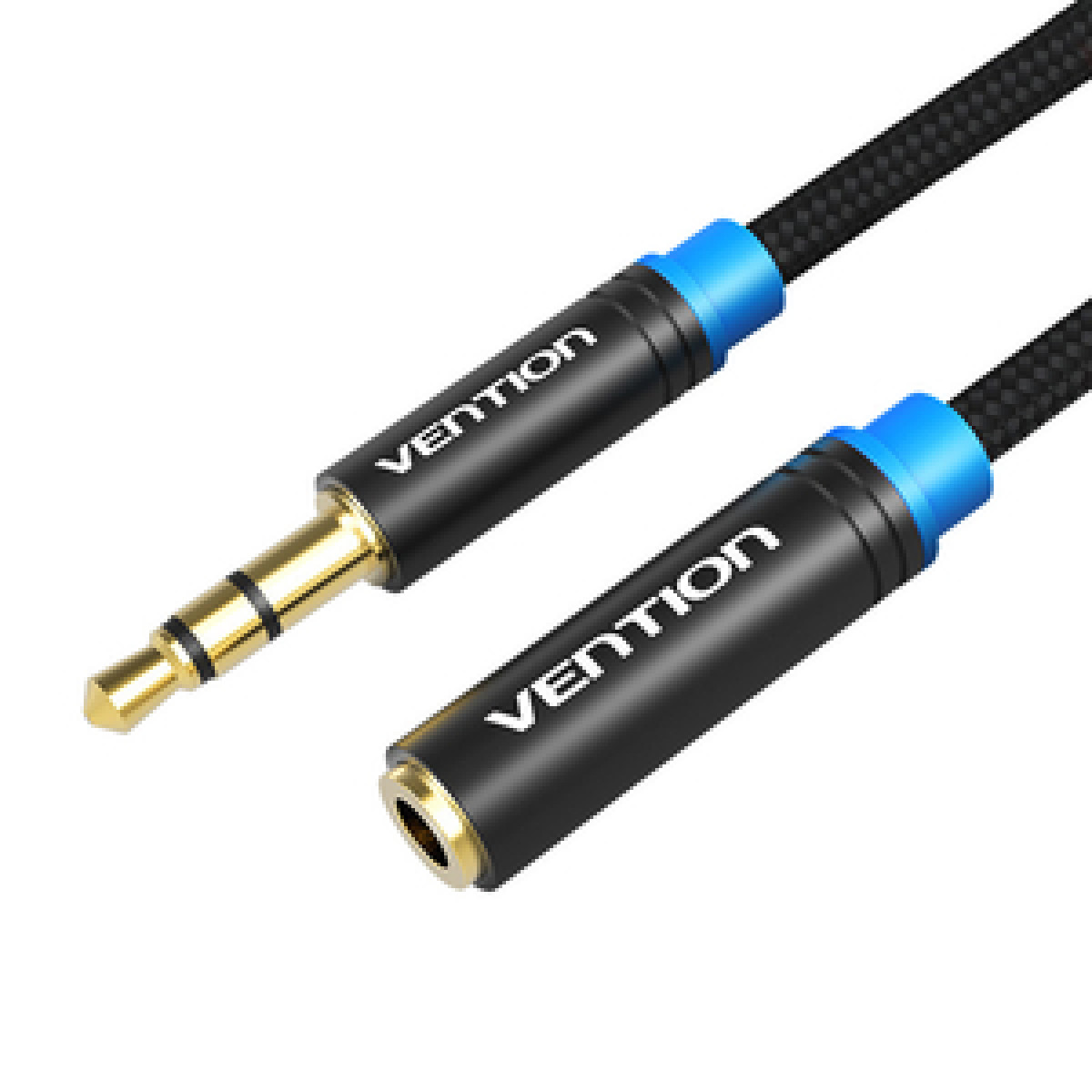 Due cavi audio Vention neri. Jack con punta dorata. Connettori neri e blu. Sfondo bianco.