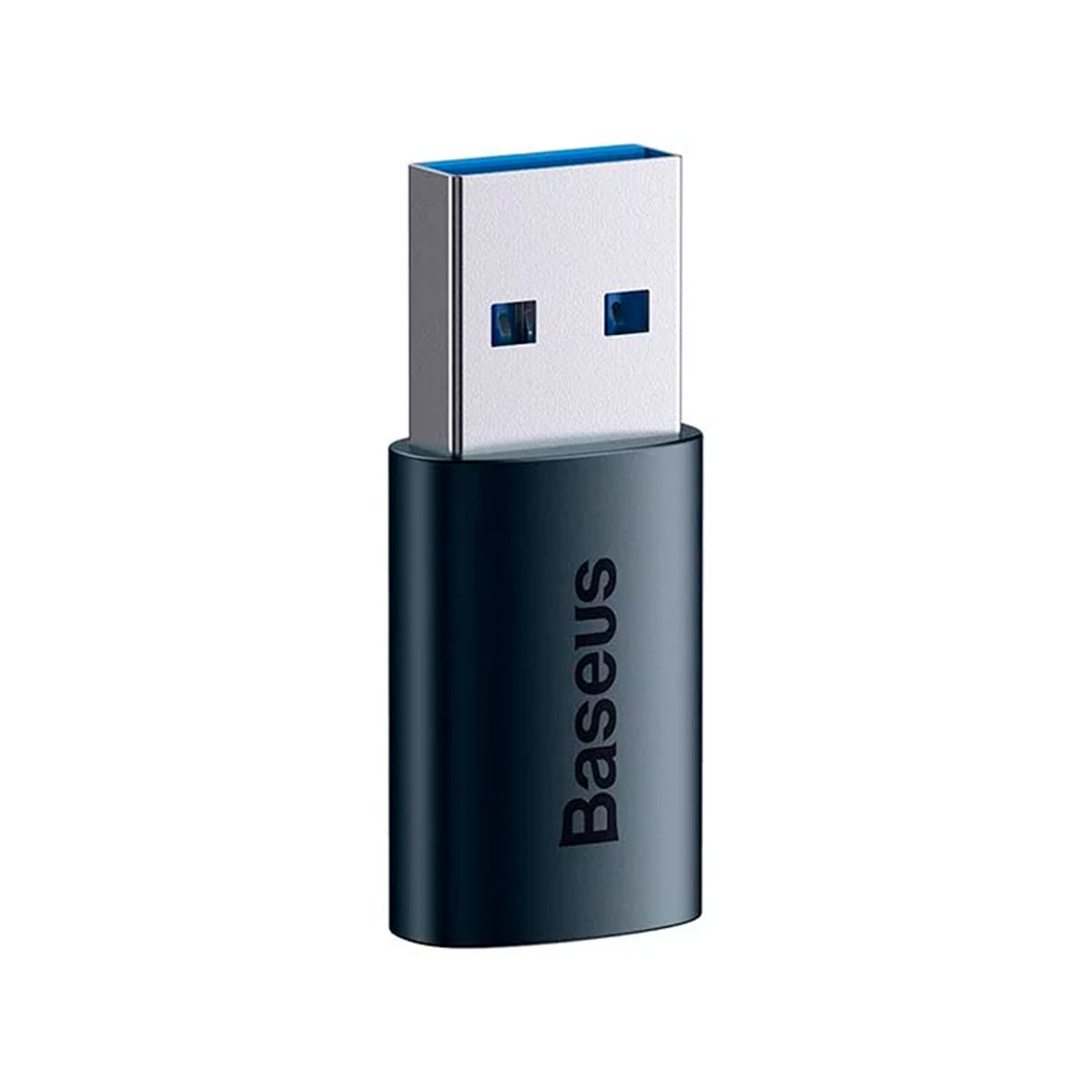 Czarny i srebrny adapter USB z niebieskim oznaczeniem USB 3.0, białe tło.