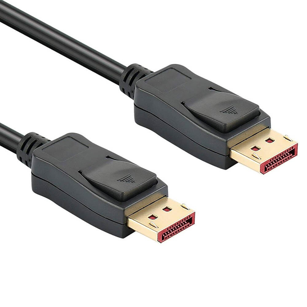 Dwa czarne kable DisplayPort ze złotymi złączami na białym tle, zbliżenie.