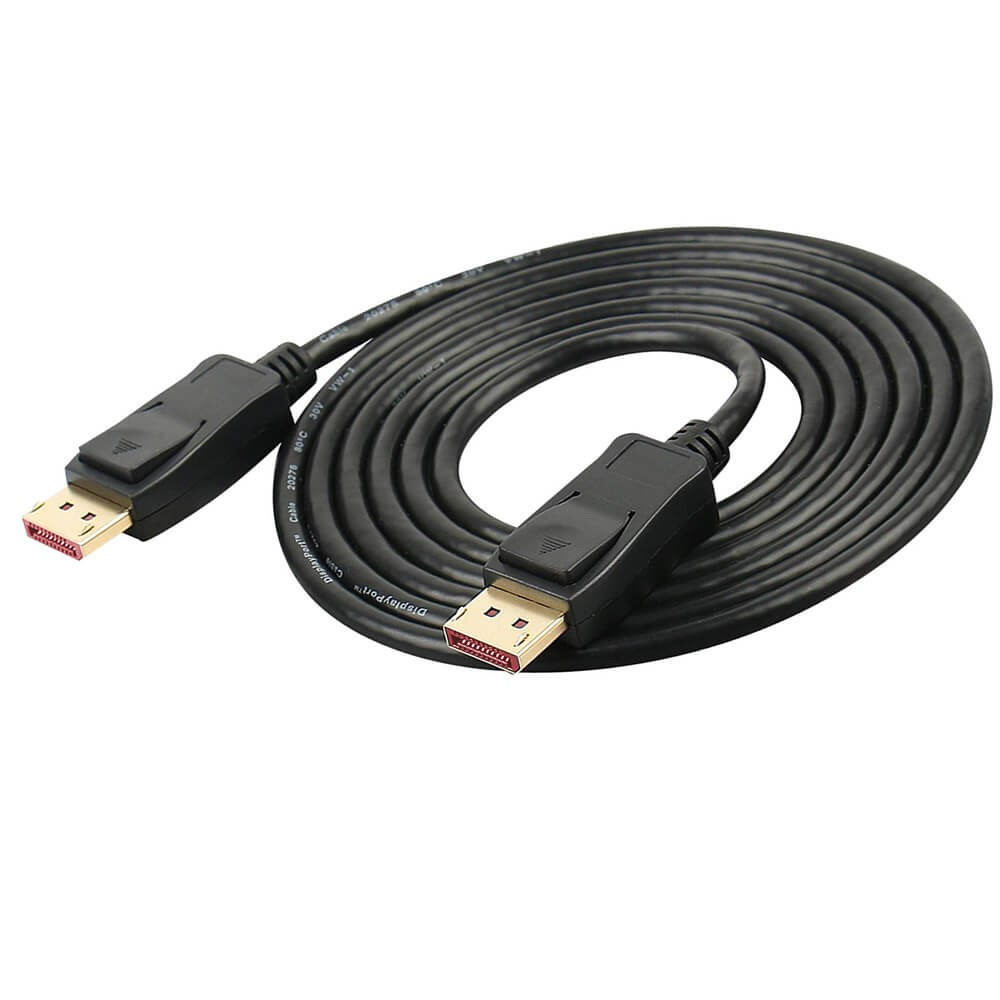 Czarny kabel DisplayPort ze złotymi złączami i białym tłem, kabel jest zakrzywiony.