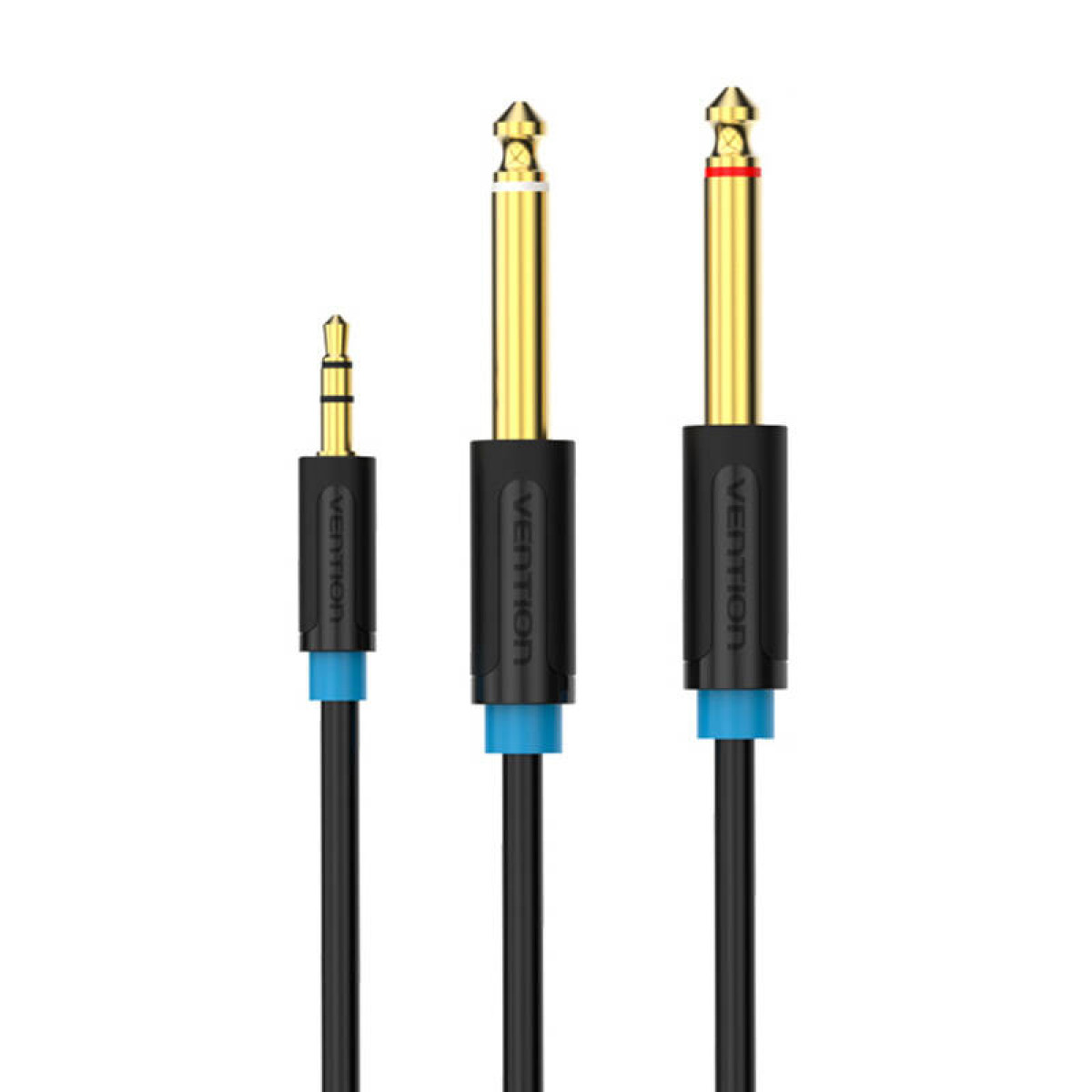 Tre cavi audio Vention con connettori dorati e blu su sfondo bianco.