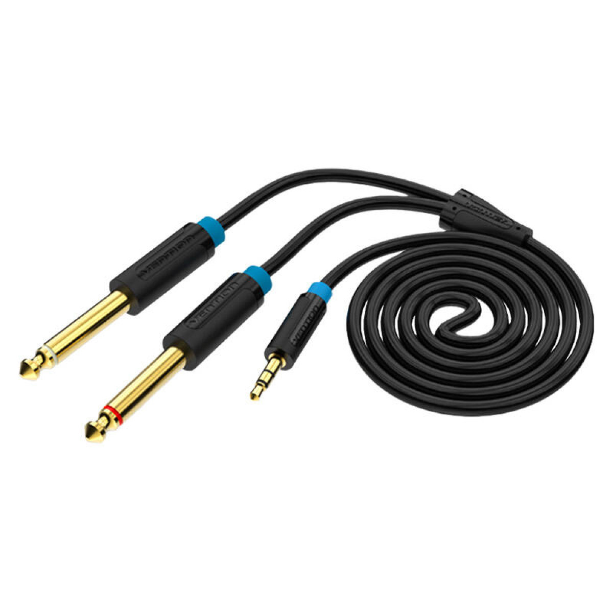 Tre cavi audio Vention con connettori dorati e blu su sfondo bianco.