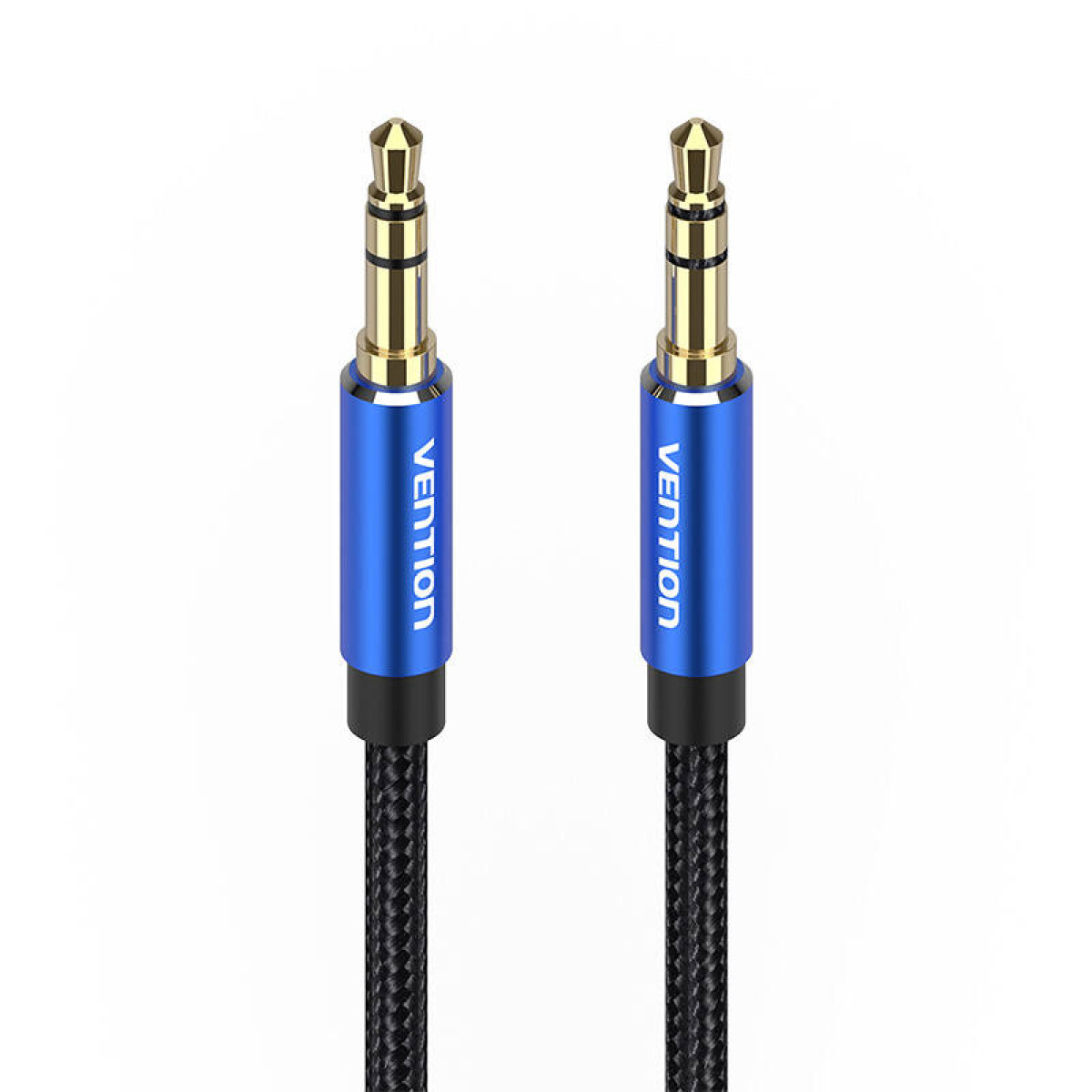 Dwa kable audio z niebieskimi wtyczkami i złotymi wtykami. Czarne tło.