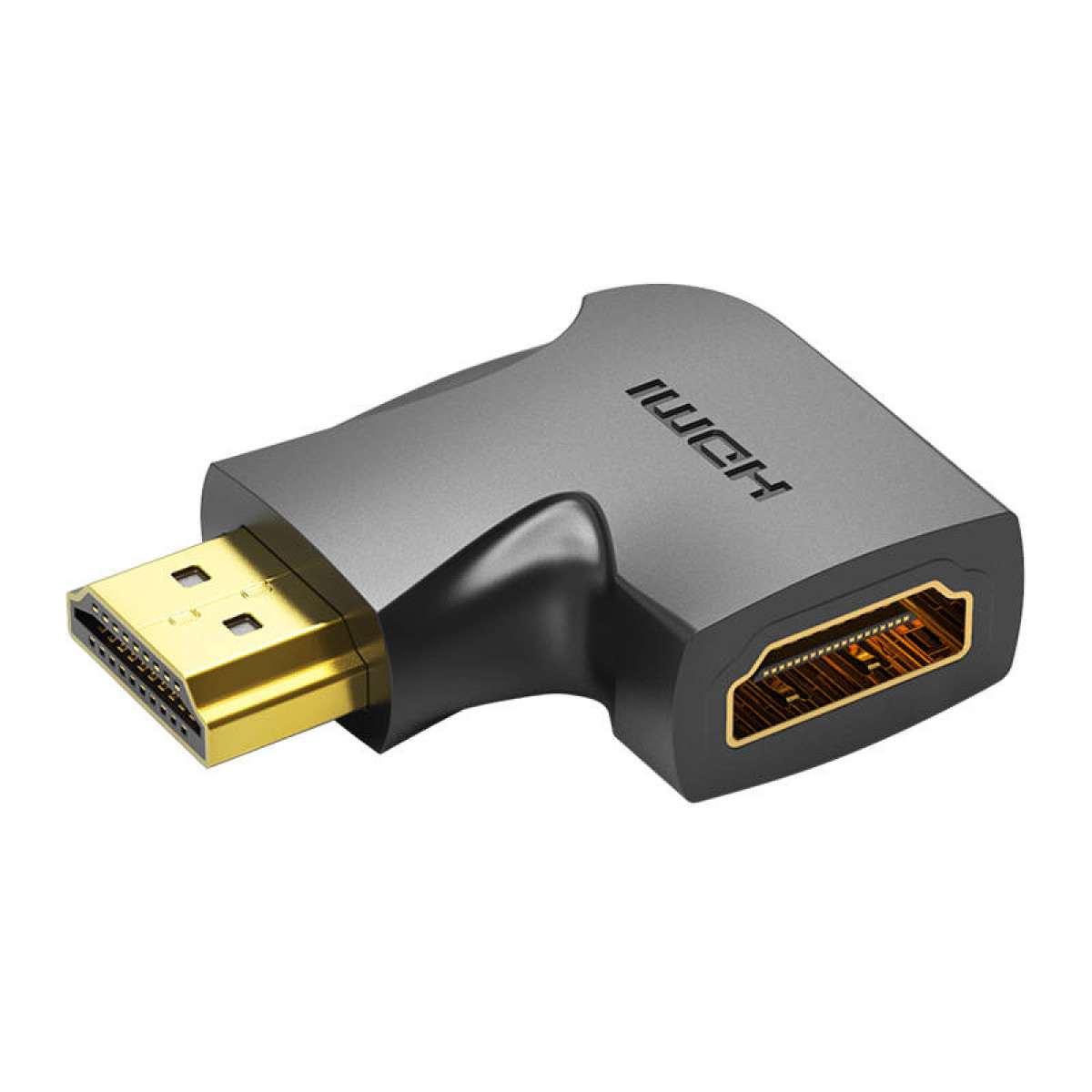 Adattatore HDMI nero e grigio, angolato, con porta dorata.