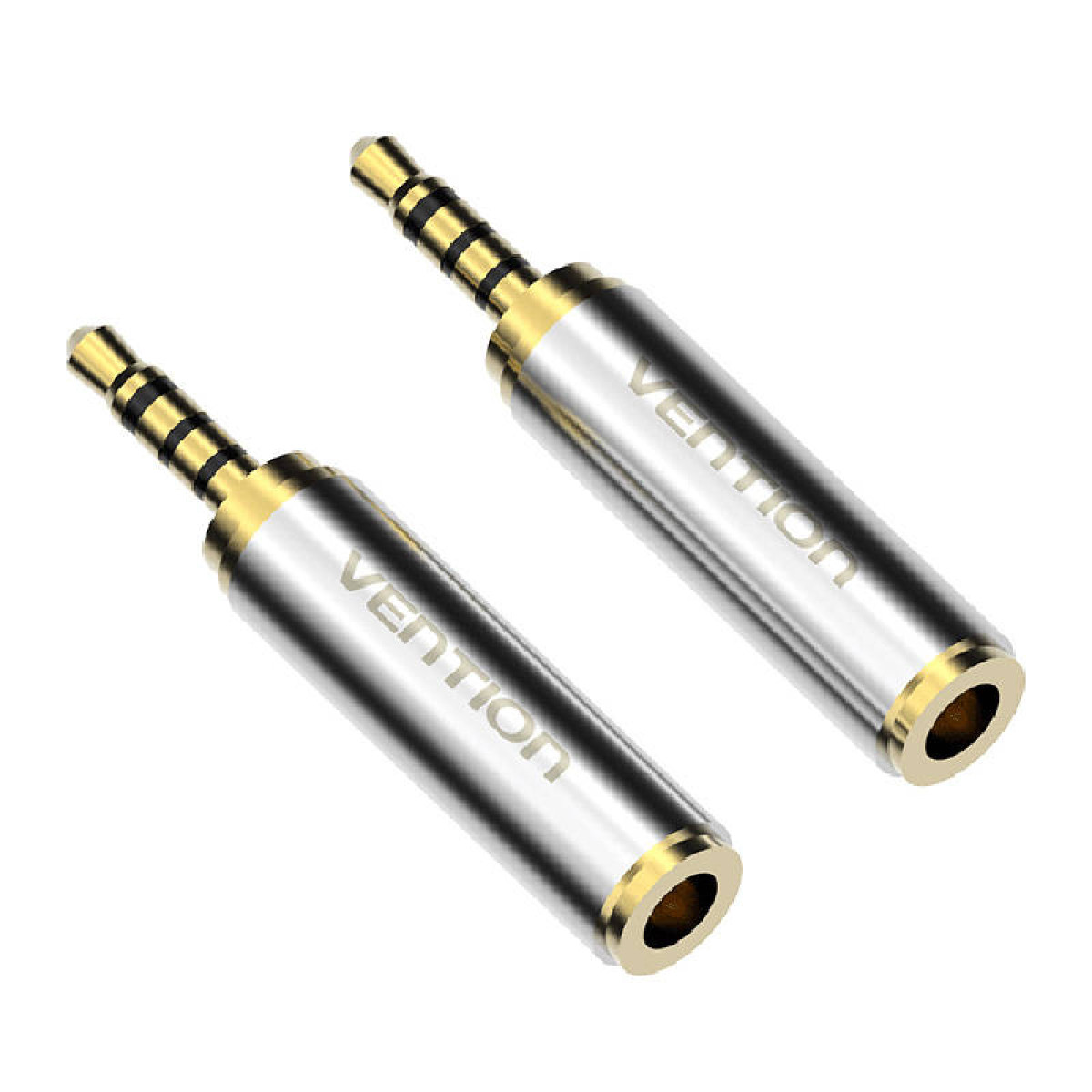 Due adattatori jack audio argento e oro, marchio Vention, sfondo bianco.