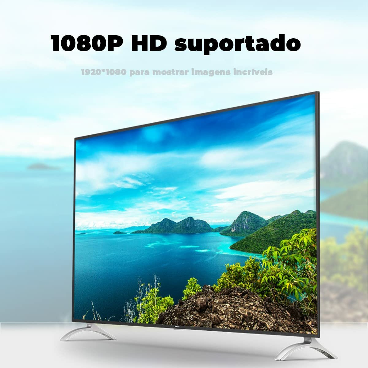Uno schermo TV che mostra un paesaggio panoramico, con testo sopra.