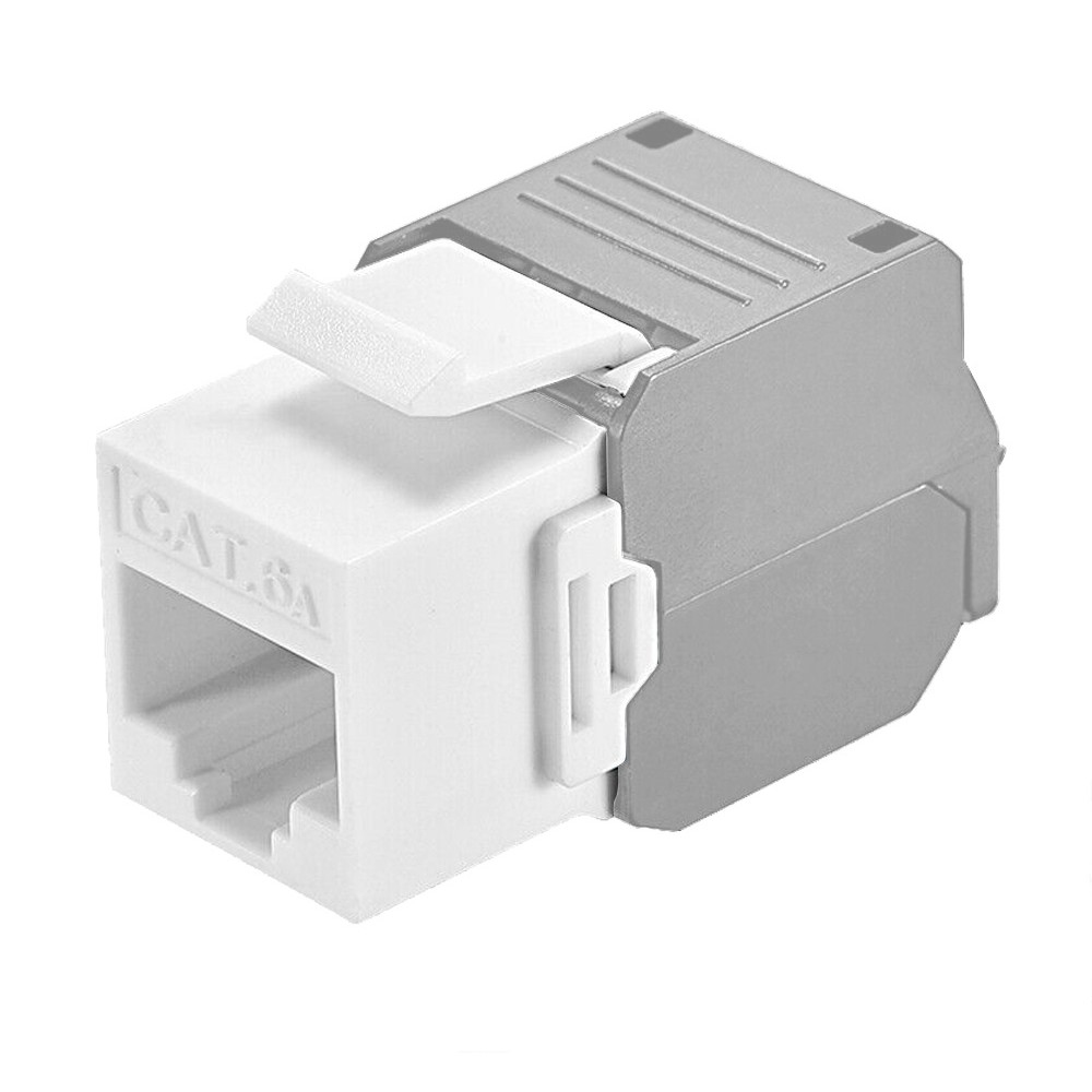 Connettore jack Keystone CAT.6A bianco e grigio su sfondo bianco.