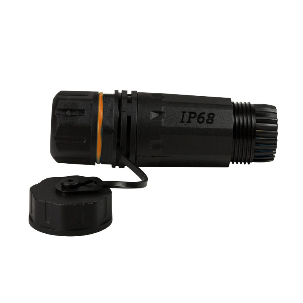 Connettore IP68 nero impermeabile con cappuccio.