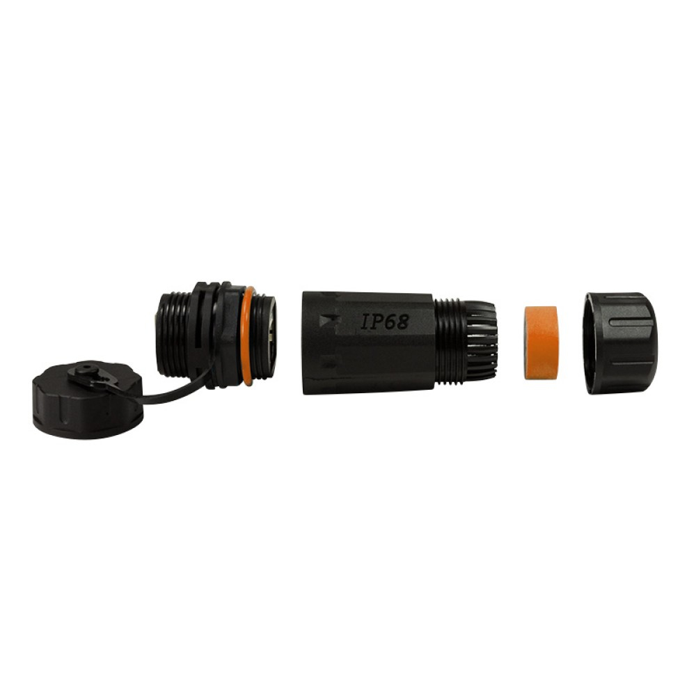 Set connettori neri impermeabili, grado IP68, con guarnizione arancione.