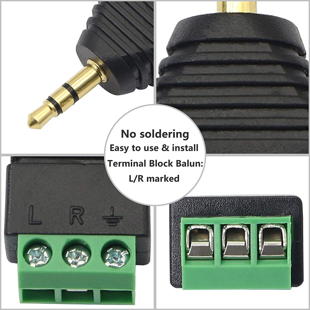Primo piano di più connettori audio, tra cui un jack da 3,5 mm e morsettiere con etichette L/R.