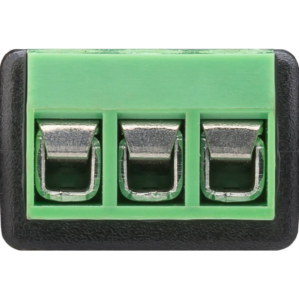 Primo piano di una morsettiera verde. Alloggiamento nero e terminali argentati.