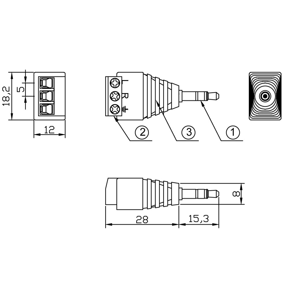 Disegno tecnico di connettore con dimensioni ed etichette in linee nere su sfondo bianco.