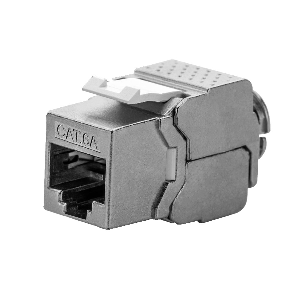 Un connettore keystone CAT6A argentato. È un piccolo connettore color metallo.