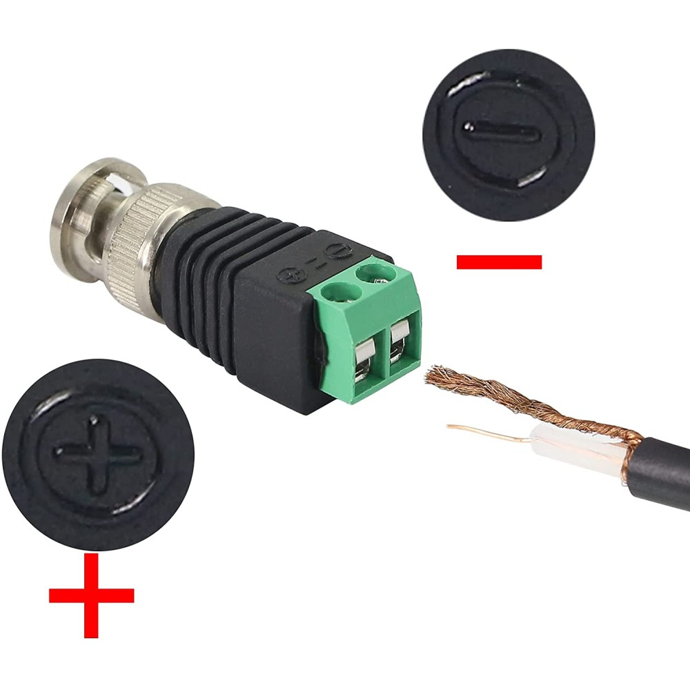 Un connettore BNC con morsettiera verde e un filo con trefoli di rame esposti.
