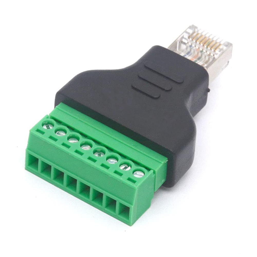Un adattatore RJ45 a morsettiera nero e verde su sfondo bianco.