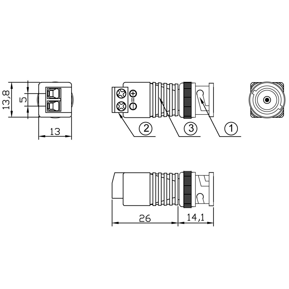 Disegno tecnico di un connettore, con dimensioni, viste laterali e dall'alto.